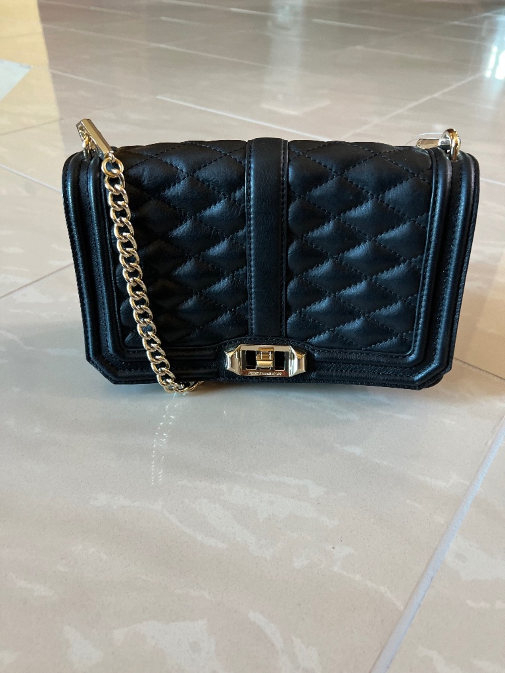 Rebecca Minkoff Black Leather Quilted Turnlock Chain Strap Crossbody Bag